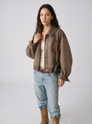 Hazel Tweed Patchwork Faux Leather Jacket in Mocha, three-quarter view