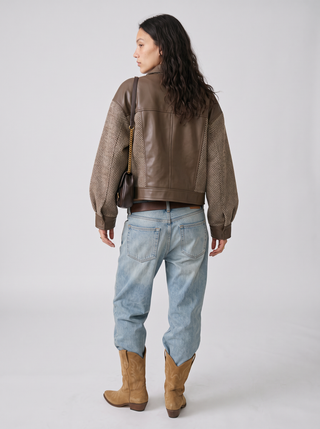 Hazel Tweed Patchwork Faux Leather Jacket in Mocha, back view