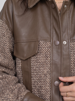 Hazel Tweed Patchwork Faux Leather Jacket in Mocha, close-up of the flap pocket and tweed