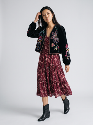 Ingrid Embroidered Velvet Jacket in Black, front view