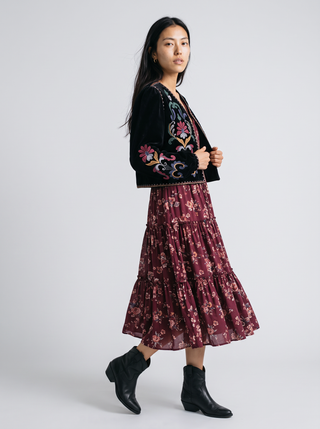 Ingrid Embroidered Velvet Jacket in Black, three-quarter view