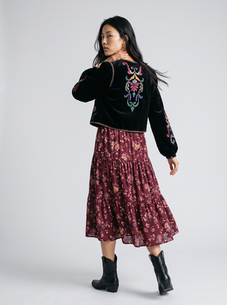 Ingrid Embroidered Velvet Jacket in Black, back view