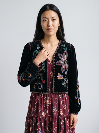 Ingrid Embroidered Velvet Jacket in Black, close-up