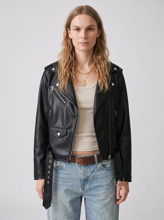Jett Belted Faux Leather Moto Jacket in Black, close-up front view
