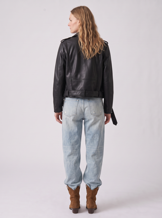 Jett Belted Faux Leather Moto Jacket in Black, back view