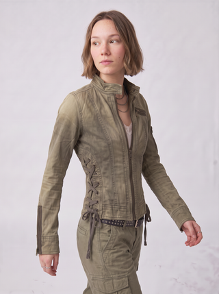 Jojo Fitted Zip Moto Jacket in Olive, three-quarter view