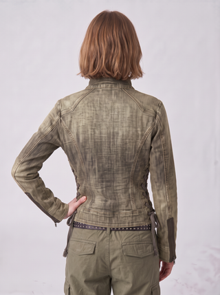 Jojo Fitted Zip Moto Jacket in Olive, back view