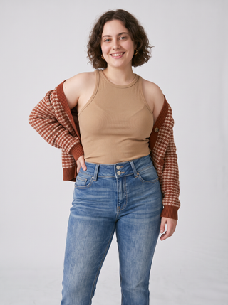 Jolene High-Rise Stretch Flare Jeans in Mid Blue, close-up front view