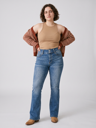 Jolene High-Rise Stretch Flare Jeans in Mid Blue, front view