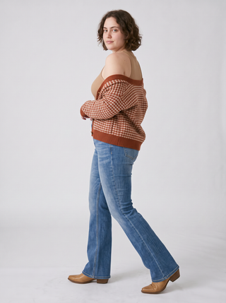 Jolene High-Rise Stretch Flare Jeans in Mid Blue, three-quarter view