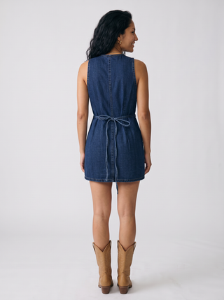 Josie Button-Front Denim Mini Dress in Dark Rinse, back view