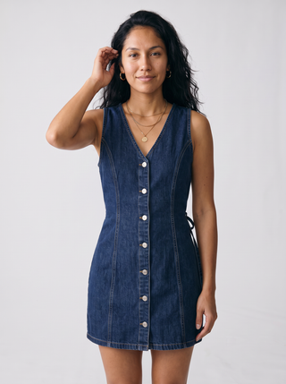 Josie Button-Front Denim Mini Dress in Dark Rinse, close-up front view