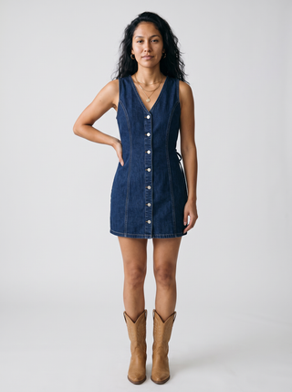 Josie Button-Front Denim Mini Dress in Dark Rinse, front view