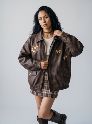Juno Butterfly Faux Leather Jacket in Chocolate, close-up