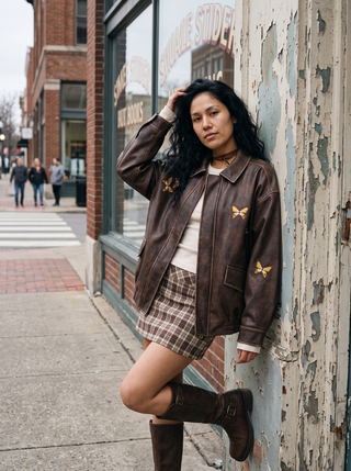 Juno Butterfly Faux Leather Jacket in Chocolate, street style