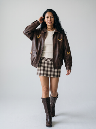 Juno Butterfly Faux Leather Jacket in Chocolate, front view