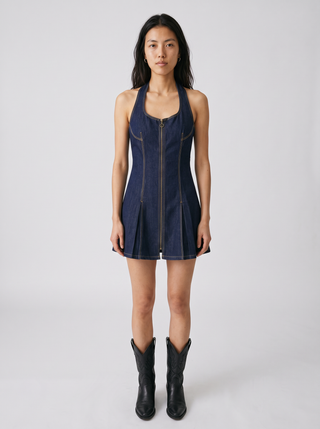 Kai Zip Halter Denim Mini Dress in Indigo Rinse, front view