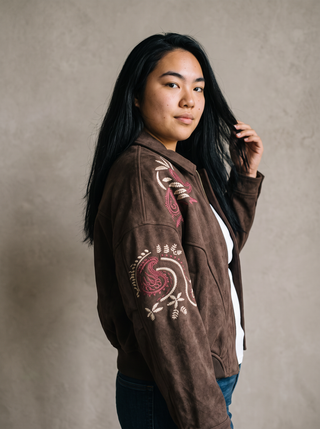 Laramie Embroidered Faux Suede Bomber Jacket in Espresso, side view