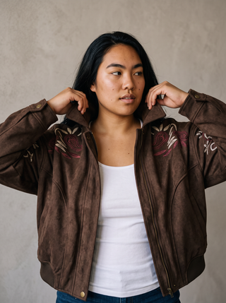 Laramie Embroidered Faux Suede Bomber Jacket in Espresso, close-up