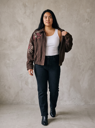 Laramie Embroidered Faux Suede Bomber Jacket in Espresso, front view