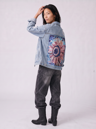 Lark Sunflower Rhinestone Denim Jacket in Light Wash, three-quarter back view