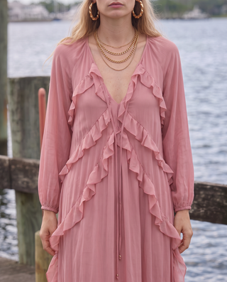 Loretta Ruffle-Trim Bishop Sleeve Maxi Dress