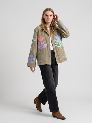 Lucia Flower Appliqué Corduroy Jacket in Khaki, front view