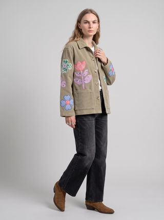Lucia Flower Appliqué Corduroy Jacket in Khaki, three-quarter view