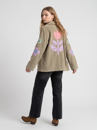 Lucia Flower Appliqué Corduroy Jacket in Khaki, back view