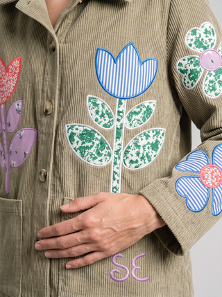 Lucia Flower Appliqué Corduroy Jacket in Khaki, close-up of the detail