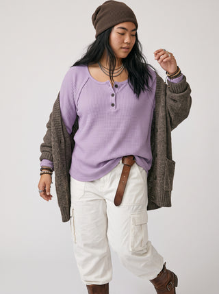 Maggie Waffle Knit Henley Top in Lavender