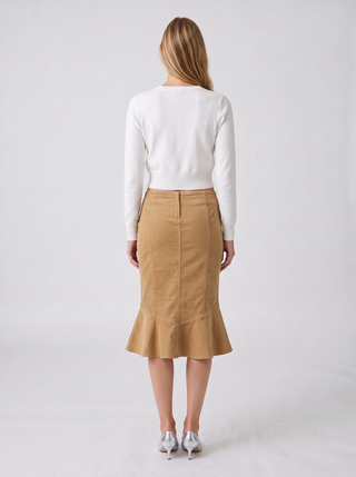 Maple Embroidered Corduroy Mermaid Midi Skirt in Camel, back view