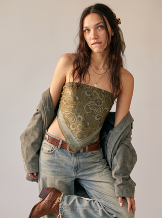 Marisa Paisley Bandana Top in Olive, close-up front view