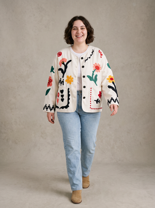 Matisse Flower Embroidered Jacket in Ivory, front view