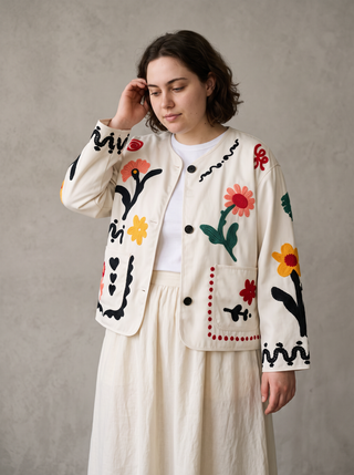Matisse Flower Embroidered Jacket in Ivory, three-quarter view