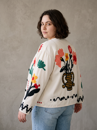 Matisse Flower Embroidered Jacket in Ivory, back view