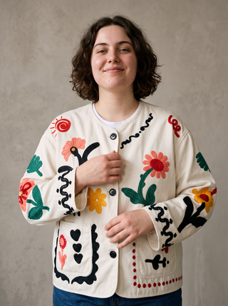 Matisse Flower Embroidered Jacket in Ivory, close-up