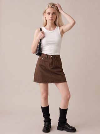 Nell Star Patch Mini Skirt in Coffee, front view