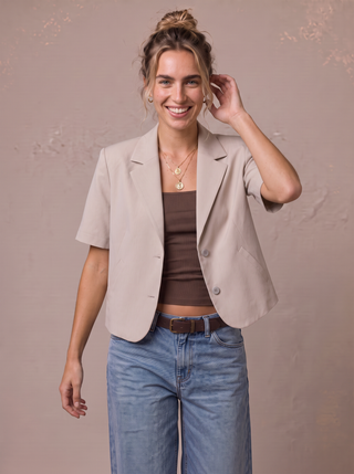 Emberly Cropped Short-Sleeve Blazer in Oatmeal, front view