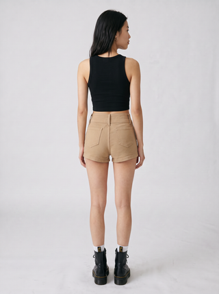 Pia Two-Button Khaki Shorts in Khaki, back view