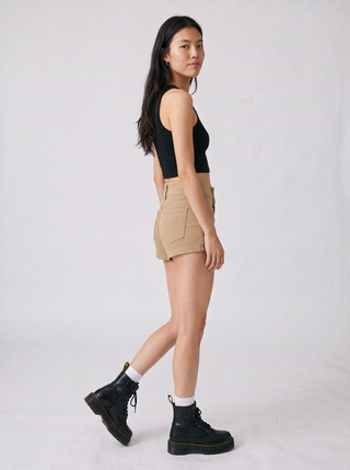 Pia Two-Button Khaki Shorts in Khaki, three-quarter view