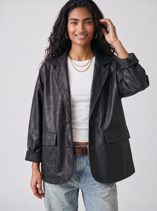Pixie Cocoon Faux Leather Jacket in Black, front view