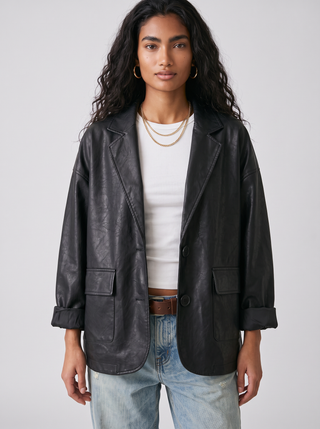 Pixie Cocoon Faux Leather Jacket in Black, close-up front view