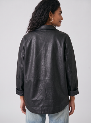Pixie Cocoon Faux Leather Jacket in Black, back view
