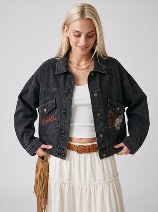 Posy Butterfly Embroidered Denim Jacket in Washed Black, close-up front view