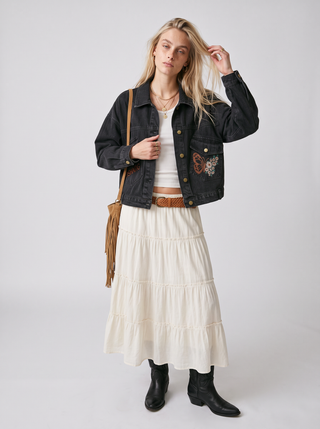Posy Butterfly Embroidered Denim Jacket in Washed Black, three-quarter view