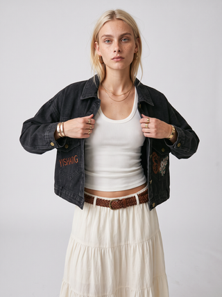 Posy Butterfly Embroidered Denim Jacket in Washed Black, close-up