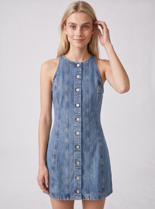 Rae Racer Denim Mini Dress in Mid Wash, close-up front view