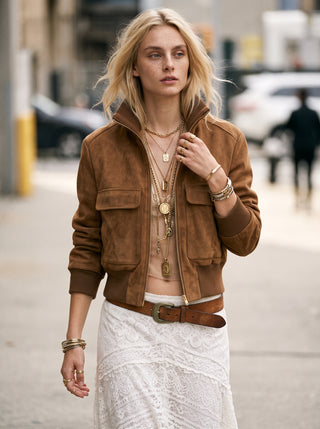 Rhiannon Suede Bomber Jacket in Caramel