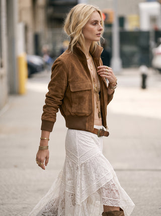 Rhiannon Suede Bomber Jacket in Caramel